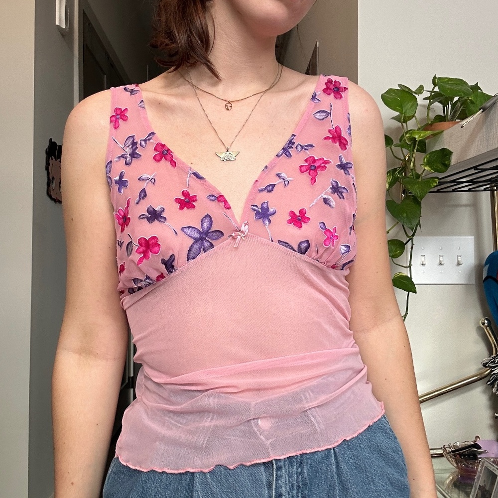 🖤 Y2k Pink Sheer Floral Tank Top 💗 Size M